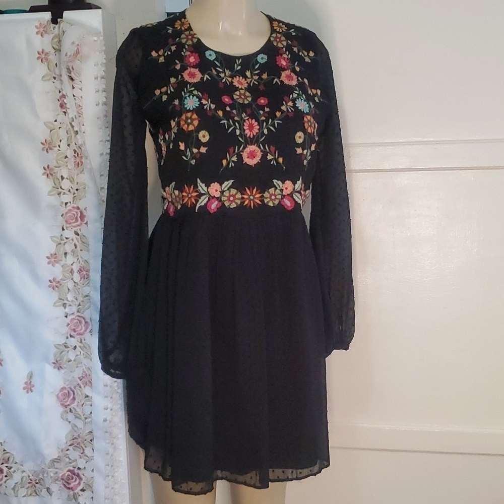ZARA Floral Embroidered Black Sheer Swiss Dot Long Sleeve Boho Mini Dress S